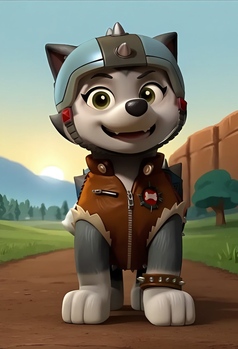 BREAK score_9, score_8_up, score_7_up, source_anime, front view, 1girl, solo, Gasket_PP, feral, dog, alaskan malamute, two tone fur, gray-white, green eyes, fluffy tail, grey-black helmet, spiked helmet, brown jacket, belt, spiked belt, brown bracelet, spiked bracelet, bracelet on left paw, grass, detailed background, day, sun, blue sky, (dynamic pose:1.5), (creativity:1.5), smile, cute,