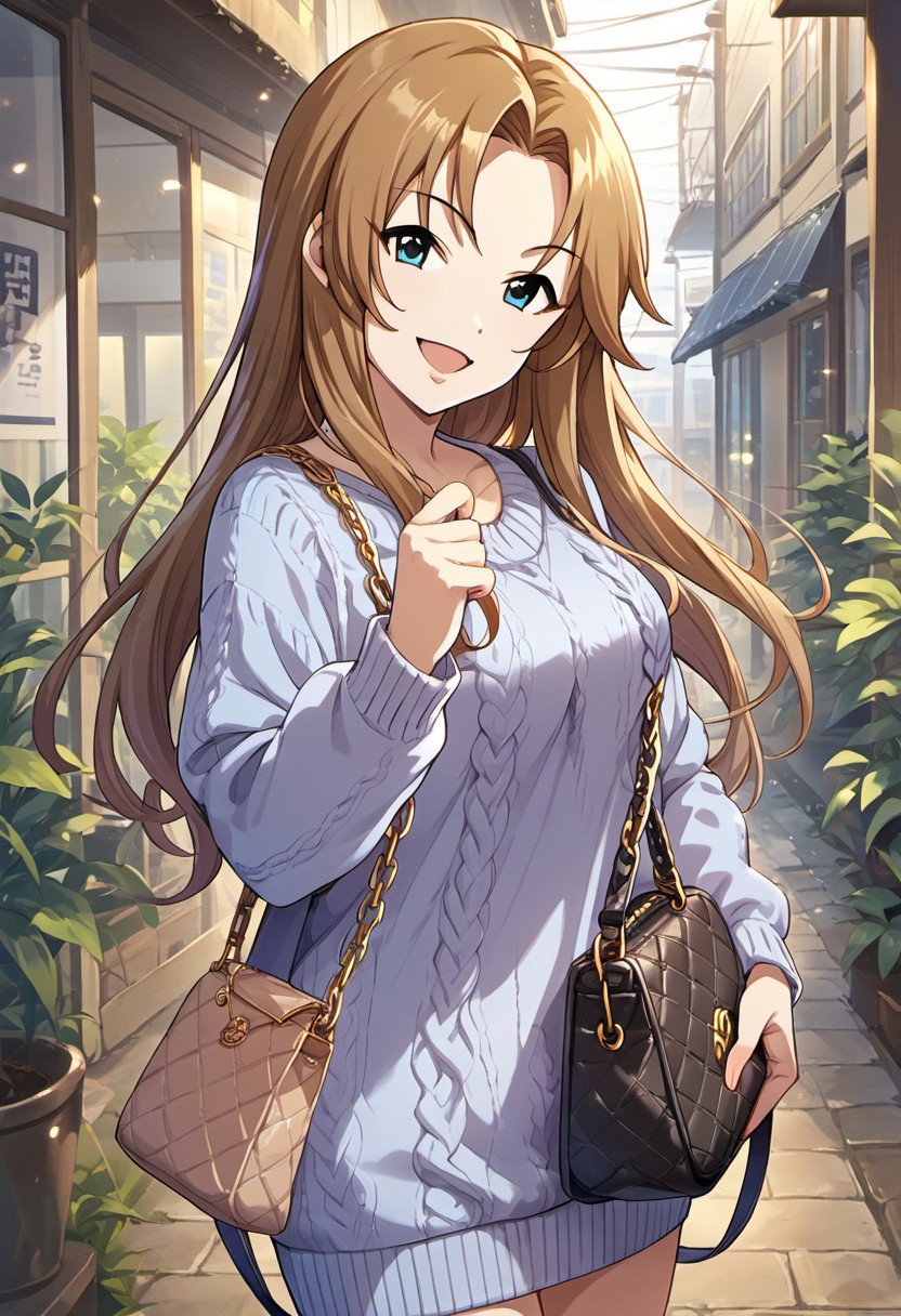 score_9, score_8_up, score_7_up, source_anime, matsumoto sarina, long hair, brown hair, blue eyes, 1girl, solo, sweater, bag, chain, handbag, looking at viewer, smile, open mouth