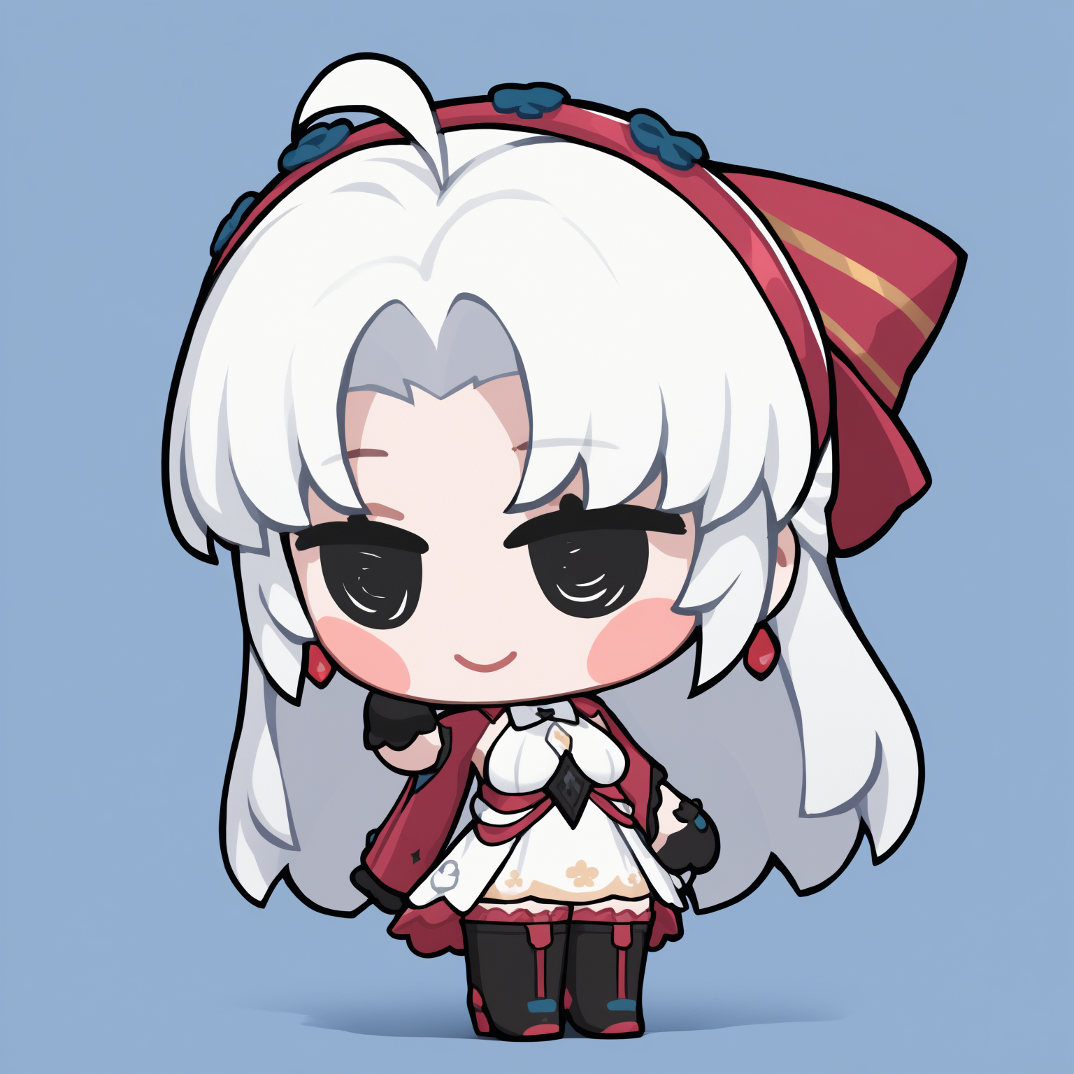 masterpiece, best quality, newest, chibi, full body, blush stickers, black eyes, solo, 1girl, smile, standing, white hair, long hair, ahoge, parted bangs, medium breasts, hair bow, red bow, hair ornament, red hairband, earrings, jewelry, white dress, red jacket, jacket on shoulder, black gloves, thigh boots, high heels, black footwear,, simple background
<segment:yolo-Anzhc Face seg 640 v3 y11n.pt,0.4,0.6//cid=11>