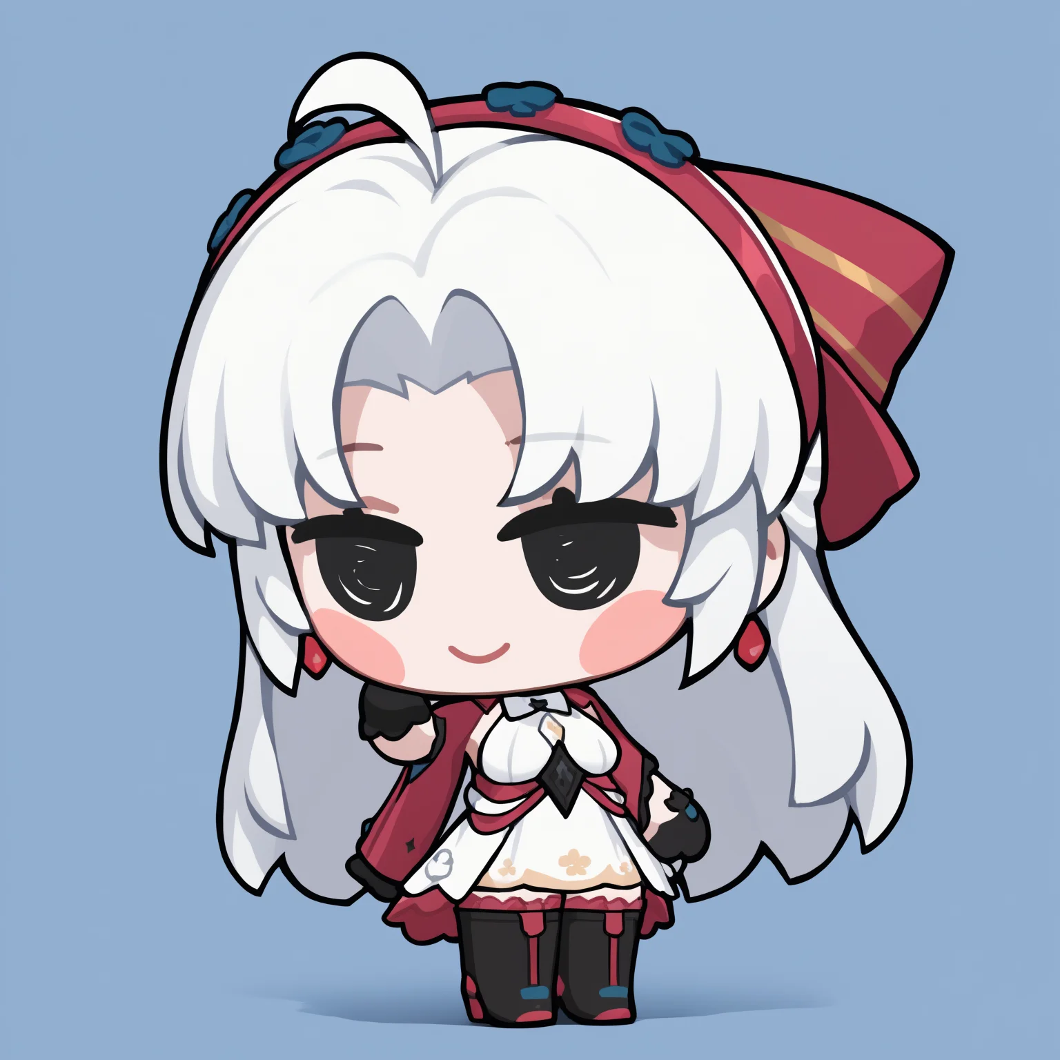 masterpiece, best quality, newest, chibi, full body, blush stickers, black eyes, solo, 1girl, smile, standing, white hair, long hair, ahoge, parted bangs, medium breasts, hair bow, red bow, hair ornament, red hairband, earrings, jewelry, white dress, red jacket, jacket on shoulder, black gloves, thigh boots, high heels, black footwear,, simple background
<segment:yolo-Anzhc Face seg 640 v3 y11n.pt,0.4,0.6//cid=11>