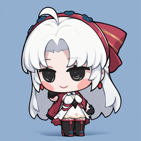 masterpiece, best quality, newest, chibi, full body, blush stickers, black eyes, solo, 1girl, smile, standing, white hair, long hair, ahoge, parted bangs, medium breasts, hair bow, red bow, hair ornament, red hairband, earrings, jewelry, white dress, red jacket, jacket on shoulder, black gloves, thigh boots, high heels, black footwear,, simple background
<segment:yolo-Anzhc Face seg 640 v3 y11n.pt,0.4,0.6//cid=11>
