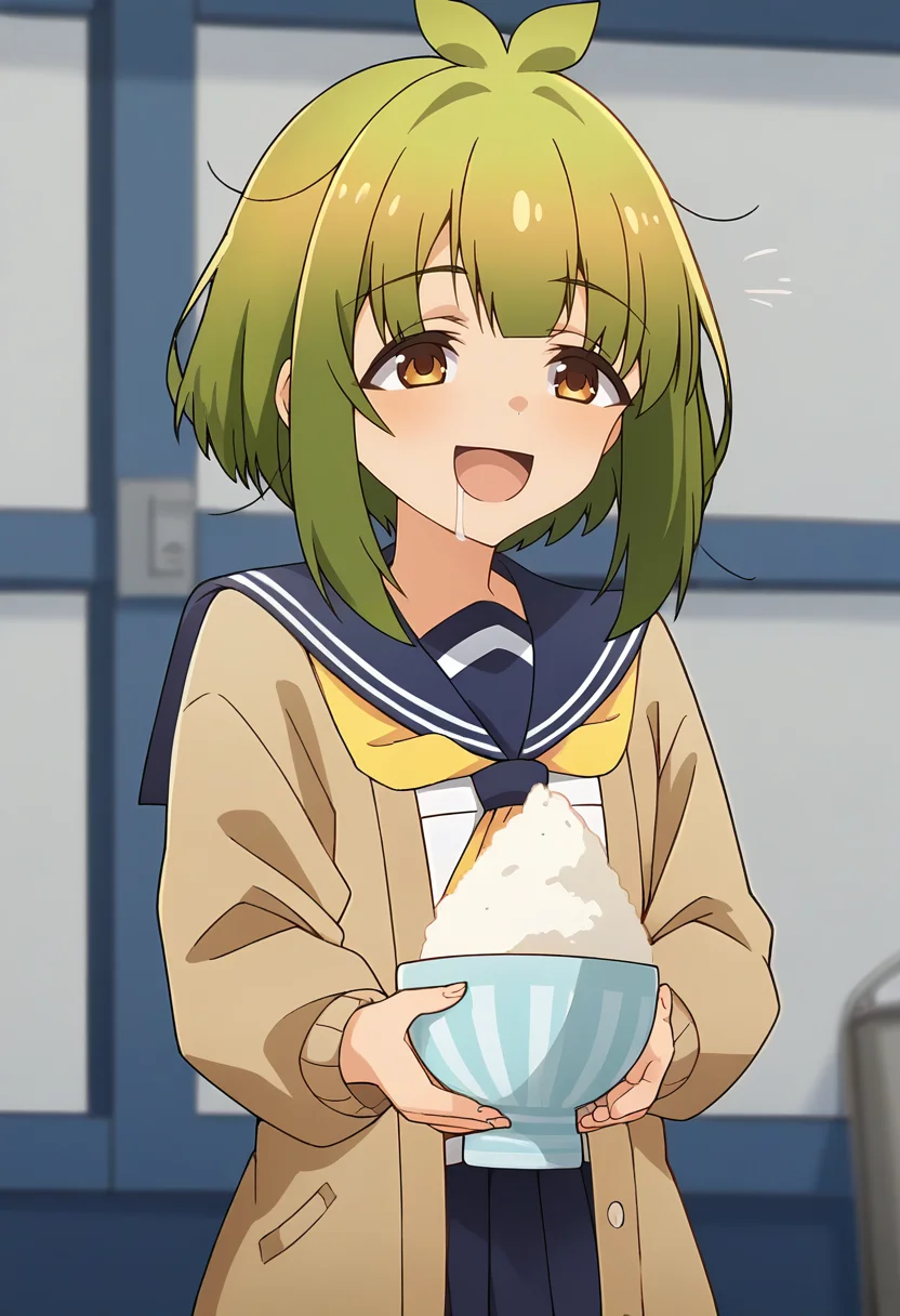 score_9, score_8_up, score_7_up, source_anime, masterpiece, 1girl, ct_bashame, brown cardigan, puffy sleeves, serafuku, blue sailor collar, yellow neckerchief, blue miniskirt, leg warmers, holding rice bowl, drool, happy, indoors, depth of field, portrait, shiny skin, <lora:Bashame_Meme_pony_ct_ver2:1>