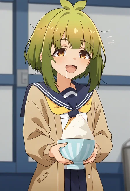 score_9, score_8_up, score_7_up, source_anime, masterpiece, 1girl, ct_bashame, brown cardigan, puffy sleeves, serafuku, blue sailor collar, yellow neckerchief, blue miniskirt, leg warmers, holding rice bowl, drool, happy, indoors, depth of field, portrait, shiny skin, <lora:Bashame_Meme_pony_ct_ver2:1>
