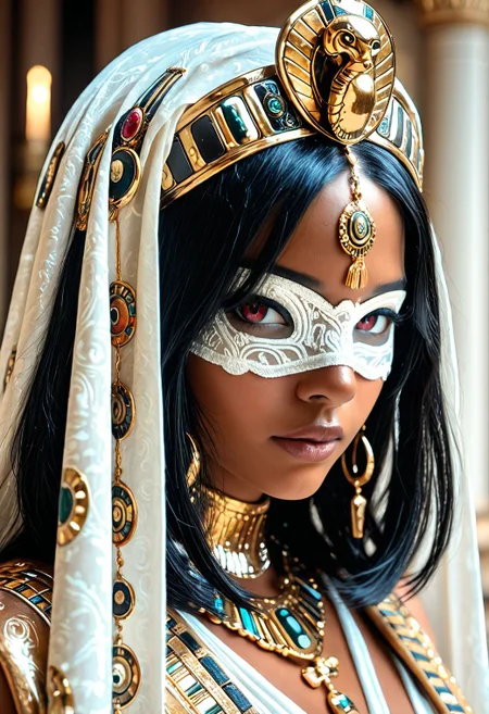 SmoothNoob_Quality, 1girl. a close-up portrait of a woman with a very stylized, ornate egyptian clothing. The subject has a tan skin and full lips, with red eyes. The eyes are covered by an intricately designed (white lace blindfold) adorned with gold textures and patterns. She wears an egyptian crown with a white richly textured fabric with gold accents, resembling a veil. Her attire includes a robe with gold details and colorful gems, adding to the royal aesthetic. The background is a subtle, light color, enhancing the focus on the subject's elaborate costume and accessories. looking at viewer. black hair. <lora:Smooth_Booster_v3:0.7>