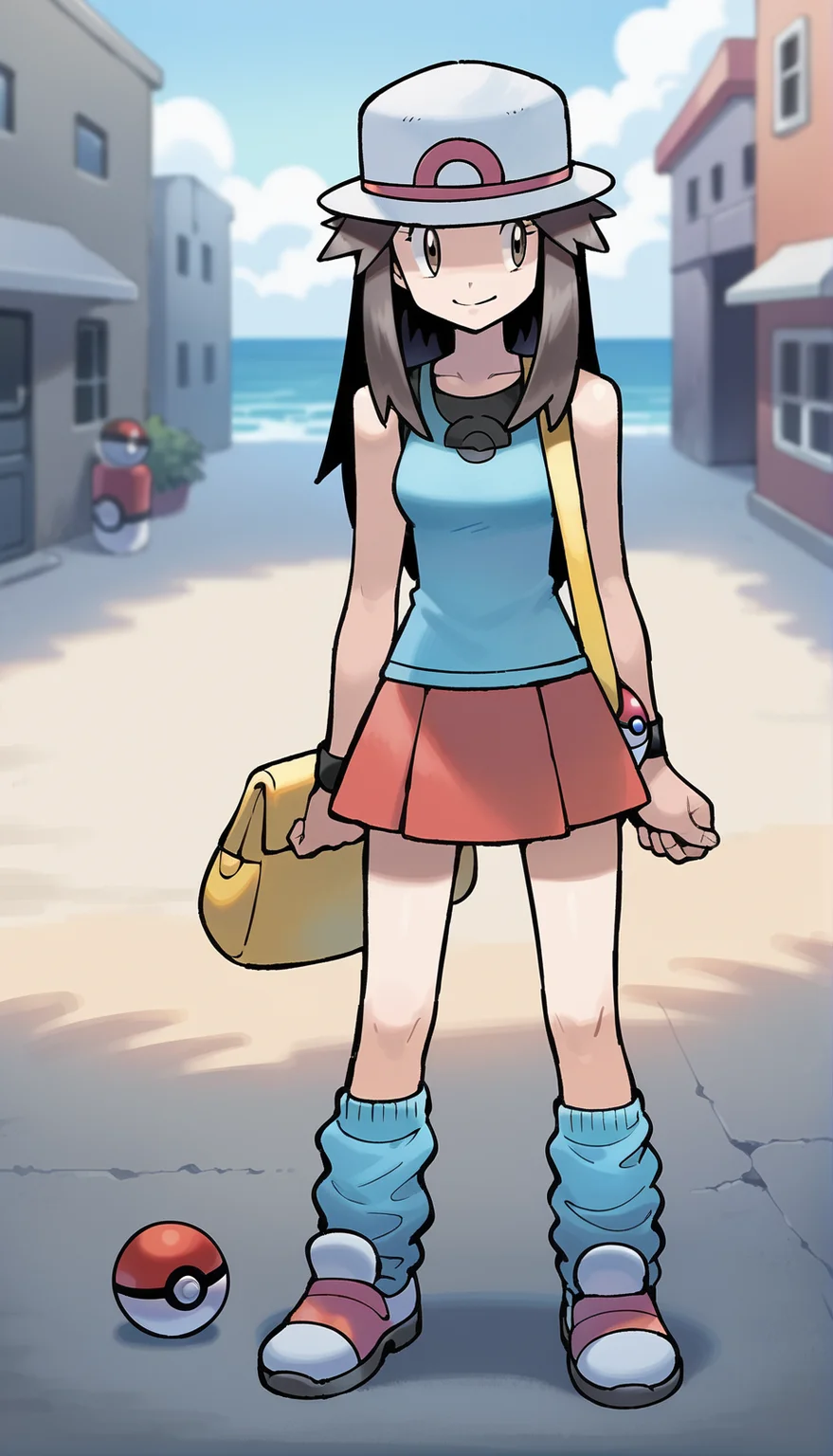 score_9,score_8_up,score_7_up,
highres,highly detailed,
<lora:alolaleaf:0.9>,
alolaleaf,
pale skin,
1girl,solo,brown hair,long hair,brown eyes,looking to the side,smile,gray-white hat,blue tank top,red mini skirt,yellow shoulder bag,blue loose socks,white shoes,full body,arms down,holding poké ball,standing,
blurry background,outdoors,morning,beach,town,sea,street,