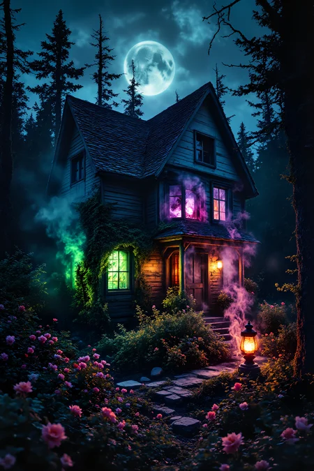 A witch's cottage sits in a dead forest, its windows glowing with sickly green light. The building seems partially alive, with walls made of twisted wood that moves slightly. Poisonous flowers of impossible colors grow in the garden, while bubbling cauldrons emit clouds of rainbow-colored smoke. Corrupted wildlife with glowing eyes lurks in the shadows of dead trees. , detailed background Fantastic lighting. Detailed shadows.intricate details, vivid colors, hyper-detailed, ultra-sharp, High resolution, high detail. Highly detailed. <lora:OBæç«å¾äººåæå½±Instant camera portrait photography V2.0:1.0>, <lora:Dark side of light:0.55>, <lora:aidmaFLUXPro1.1-FLUX-v0.3:1.0>, <lora:Glitchcore_Flux:0.8>,
