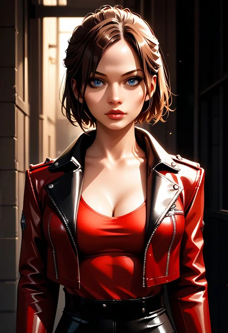 score_9,score_8_up,score_7_up,source_anime, Claire Redfield,1girl,solo,breasts,looking at viewer,short hair,shirt,brown hair,jacket,upper body,solo focus,open jacket,lips,red jacket,realistic,leather,leather jacket,