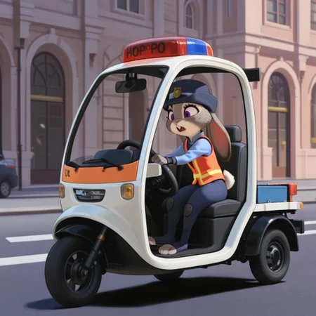 masterpiece, best quality, amazing quality, hoppsJudyztIL, anthro, female, bunny, grey fur, purple eyes, rabbit ears, rabbit tail, rabbit girl, buck teeth,zpd parking uniform, dark blue pants, blue shirt, orange safety vest, hat, toeless blue footwear, sitting, driving, white, zpd police cart, street, city, vehicle