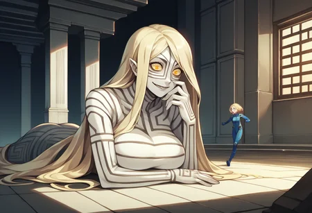 score_9, score_8_up, score_7_up, source_anime, indoors, night, temple, BREAK
1girl, upper body, evil smile, wide-eyed, on stomach, head on hand, <lora:zs_AsherahXL:1> asherasmt, long hair, blonde hair, yellow eyes, colored skin, white skin, large breasts, giantess BREAK
1girl, full body, running, <lora:zs_ZeleninXL:1> zeleninsmt, blonde hair, blue eyes, short hair, bodysuit, open mouth, surprised