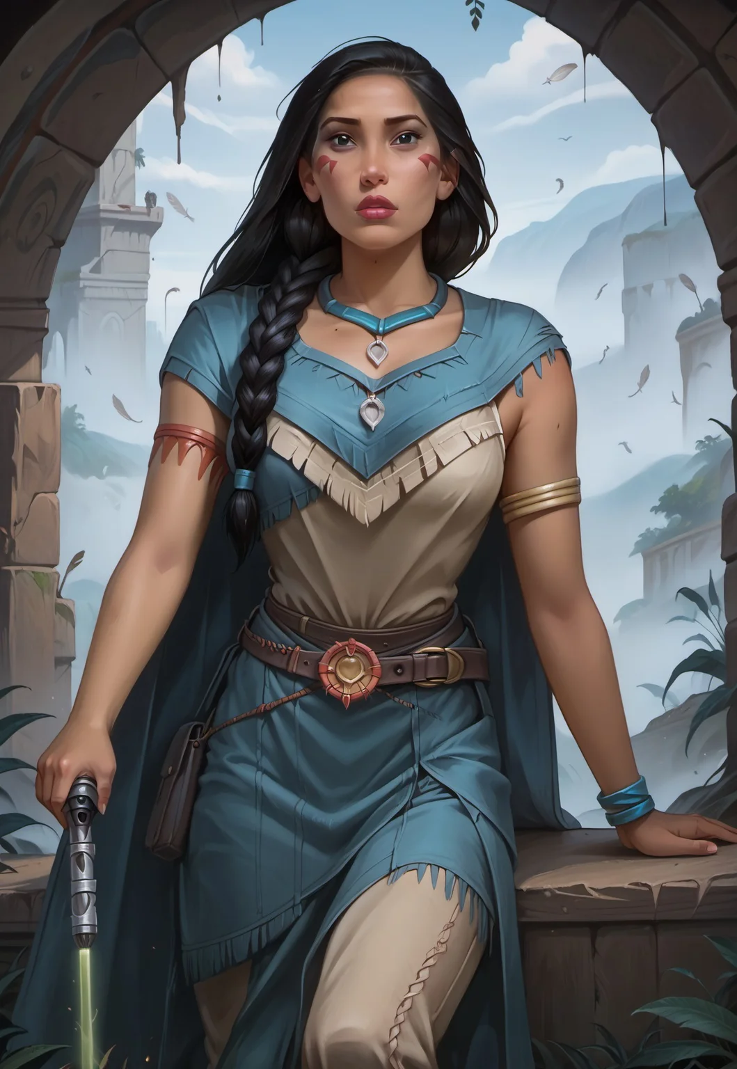 safe_pos, ((zPDXL3)), OZRN, digital art, score_9,score_8_up,score_7_up,score_6_up, face focus, waist-up portrait, absurdres, masterpiece, high res, detailed,
1girl, solo, beautiful, sexy, (((DisneyPocahontas, 1girl, black hair, black eyes, long hair, dark skin, long hair, native american, dark skin, feathers, hair ornament, jewelry, necklace, tribal, headdress, armlet, braid, bracelet, black hair, black eyes, long hair, dark skin))), necklace, feathers, lips, dark skin, Native American, (d4rkr3v4n4rm0r, navy-blue robe, cape, hood down, breastplate, gauntlets, belt, pants, belt boots), ((holding lightsaber, green lightsaber)), calm expression, makeup, beautiful woman, action pose,
BattleDamage, cuts, bruises,
in danger, distressed, alarmed, (combat stance),
dramatic, danger, dutch angle, dof, prairie background, perfect, Hand, detailed, perfection, hands,
<lora:bastilashan:1> <lora:Battle_Damage:0.3> <lora:hand 4:0.5>