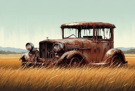 vintage car, rust, field, tall grass, broken, 35mm, very awa, masterpiece, <lora:Digital_Impressionist_SDXL:1>