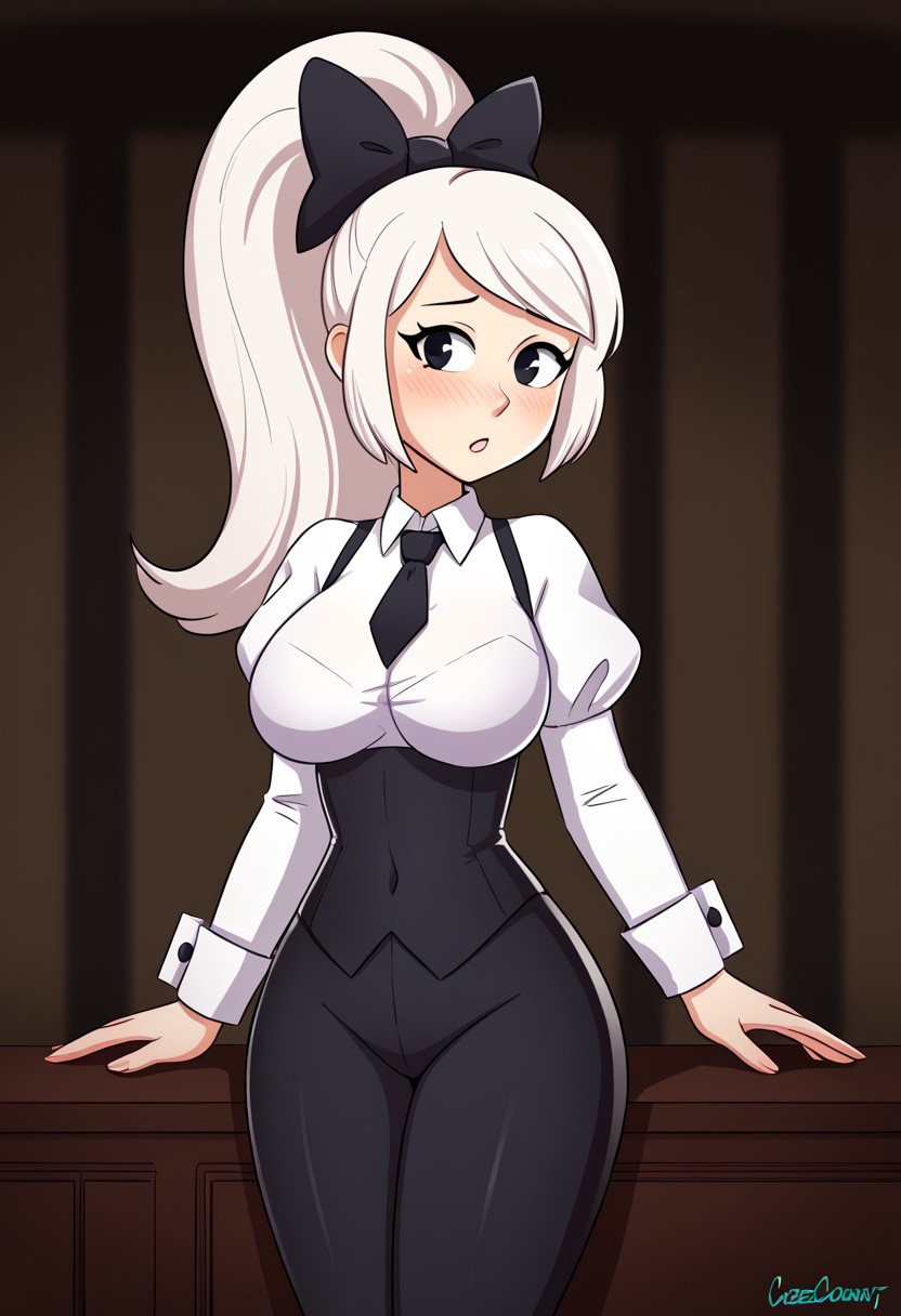 score_9, score_8_up, score_7_up, score_6_up, score_5_up, score_4_up, source_cartoon, <lora:confetti-extract- ponyxl:0.85>, detailed eyes, easynegative, rating_explicit, Expressiveh, 1girl, solo,
Geraldine, shirt, long sleeves, white shirt, white hair, ponytail, sidelocks, thighs, hair bow, collared shirt, pants, puffy sleeves, bowtie, black eyes,  wrist cuffs, black bow, dress shirt, swept bangs, black pants,  high ponytail, juliet sleeves,  black bowtie,  sleeve cuffs, traditional bowtie, necktie, big breasts, blush, shy, by cubedcoconut, cubedcoconut