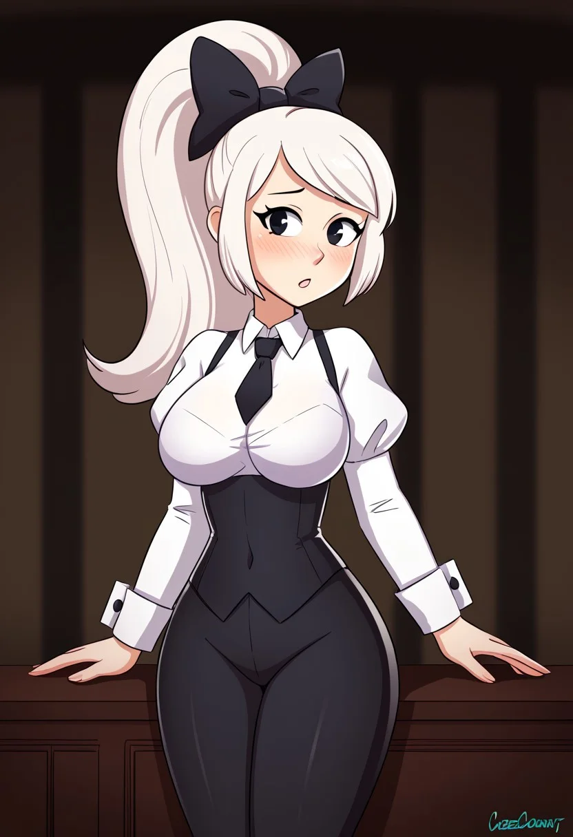 score_9, score_8_up, score_7_up, score_6_up, score_5_up, score_4_up, source_cartoon, <lora:confetti-extract- ponyxl:0.85>, detailed eyes, easynegative, rating_explicit, Expressiveh, 1girl, solo,
Geraldine, shirt, long sleeves, white shirt, white hair, ponytail, sidelocks, thighs, hair bow, collared shirt, pants, puffy sleeves, bowtie, black eyes, wrist cuffs, black bow, dress shirt, swept bangs, black pants, high ponytail, juliet sleeves, black bowtie, sleeve cuffs, traditional bowtie, necktie, big breasts, blush, shy, by cubedcoconut, cubedcoconut