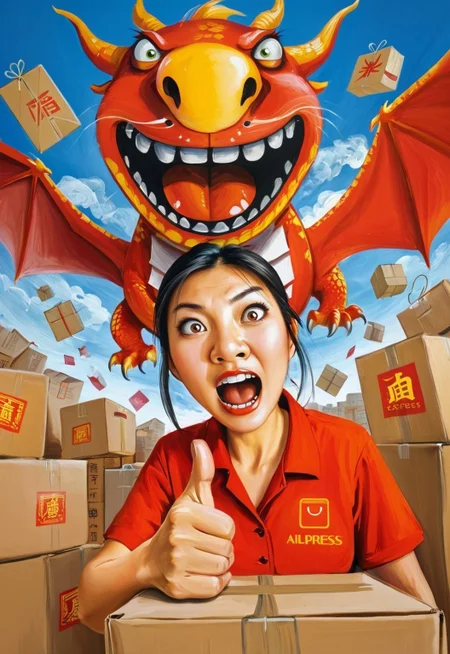 detailed
Face portrait (low angle:1.2)
(surreal:1.4)
angry Chinese postal worker takes a selfie against the background of many of boxes and parcels, letters and envelopes fly around her Chinese (red dragon:1.2) and (text: "AliExpress":1.2) logo in the (post office interior:1.2) background
by Jaume Capdevila
<lora:LojkinXL:0.8> oil paint, painting
<lora:add-detail-xl:0.58>