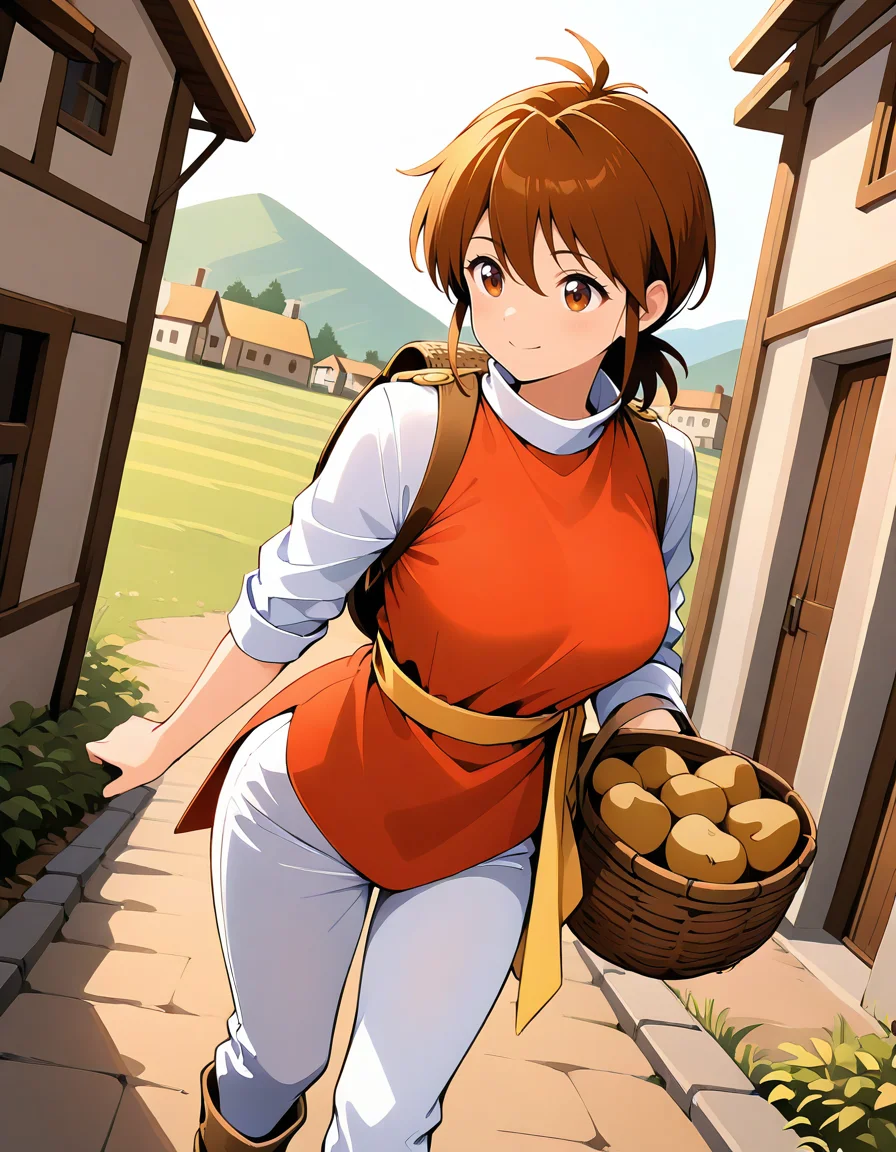<lora:MF2colt_SDXL_illustrious01_fp16_ver01:1>,MF2colt, 1girl, brown hair,brown eyes, shirt, yellow sash, white pants,boots,village,potato in backpack basket ,newest, masterpiece, best quality, very aesthetic, absurdres,<lora:detailed_hands:1>,hand