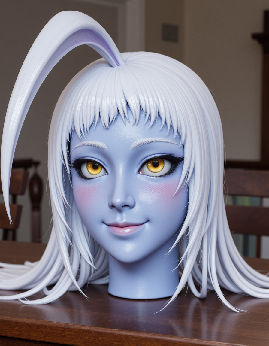 <lora:headonly-flux:1> h3adonly, <lora:real-lora:1> ultrarealistic photo of the head and neck of <lora:Lala-flux-000008:1> lala sitting on a table, with long white hair, yellow eyes with (black sclera:1.2), blue skin, and light pink lips. She is looking slightly up at the viewer and has a shy smile.  <lora:rMada - Enhance - beta2:.5>