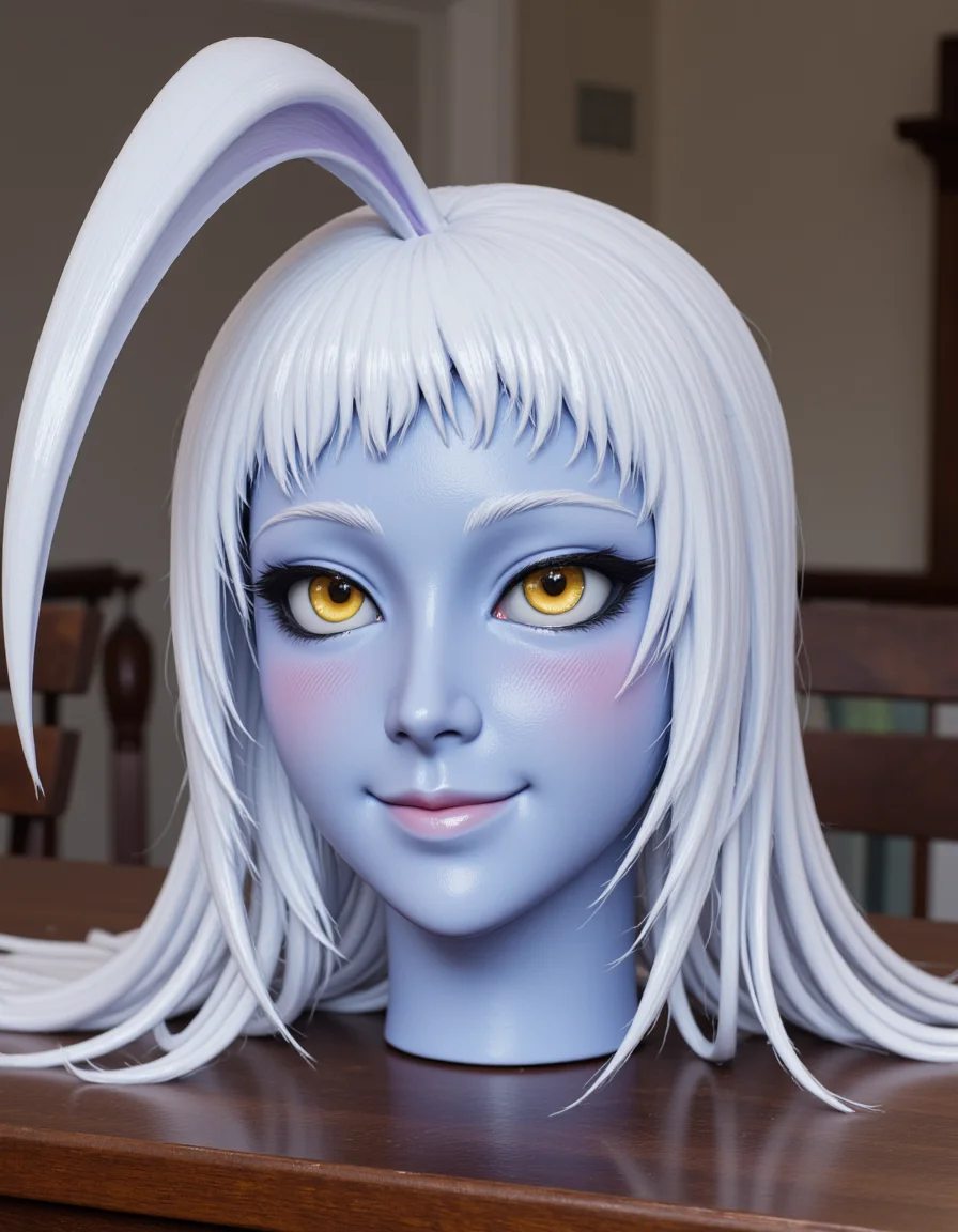 <lora:headonly-flux:1> h3adonly, <lora:real-lora:1> ultrarealistic photo of the head and neck of <lora:Lala-flux-000008:1> lala sitting on a table, with long white hair, yellow eyes with (black sclera:1.2), blue skin, and light pink lips. She is looking slightly up at the viewer and has a shy smile. <lora:rMada - Enhance - beta2:.5>