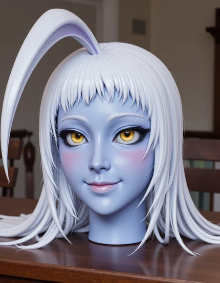 <lora:headonly-flux:1> h3adonly, <lora:real-lora:1> ultrarealistic photo of the head and neck of <lora:Lala-flux-000008:1> lala sitting on a table, with long white hair, yellow eyes with (black sclera:1.2), blue skin, and light pink lips. She is looking slightly up at the viewer and has a shy smile.  <lora:rMada - Enhance - beta2:.5>