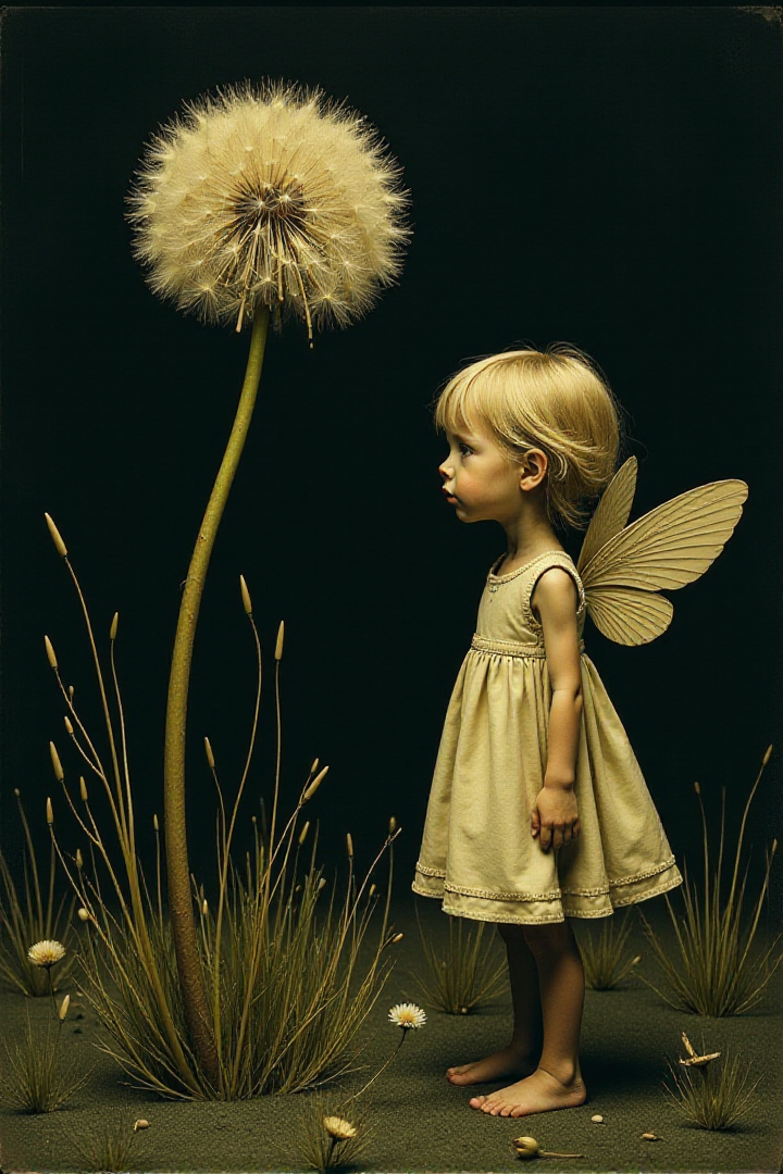 The flower is dried up, odorless, next to the flower is a dandelion girl with wings. The disturbing and grotesque world of Stephen Gummel. Style by Andrew Wyeth, Katsuhiro Otomo âScary stories told in the dark.âââ