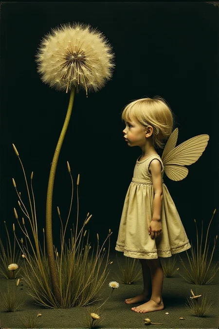 The flower is dried up, odorless, next to the flower is a dandelion girl with wings. The disturbing and grotesque world of Stephen Gummel. Style by Andrew Wyeth, Katsuhiro Otomo âScary stories told in the dark.âââ