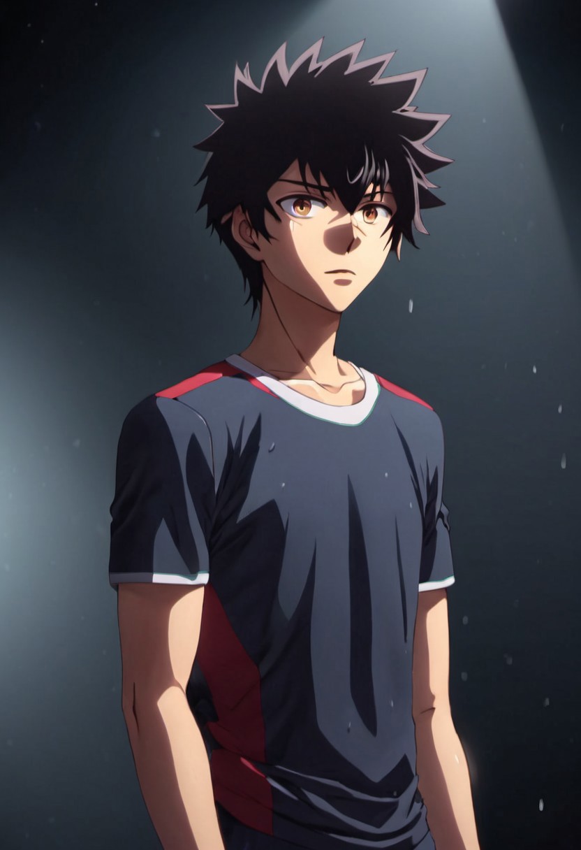 high resolution, solo, best quality, 1Boy, Kanata Hoshijima, Black hair, Brown Eyes, Interrogation, spotlight, sweat, silence,