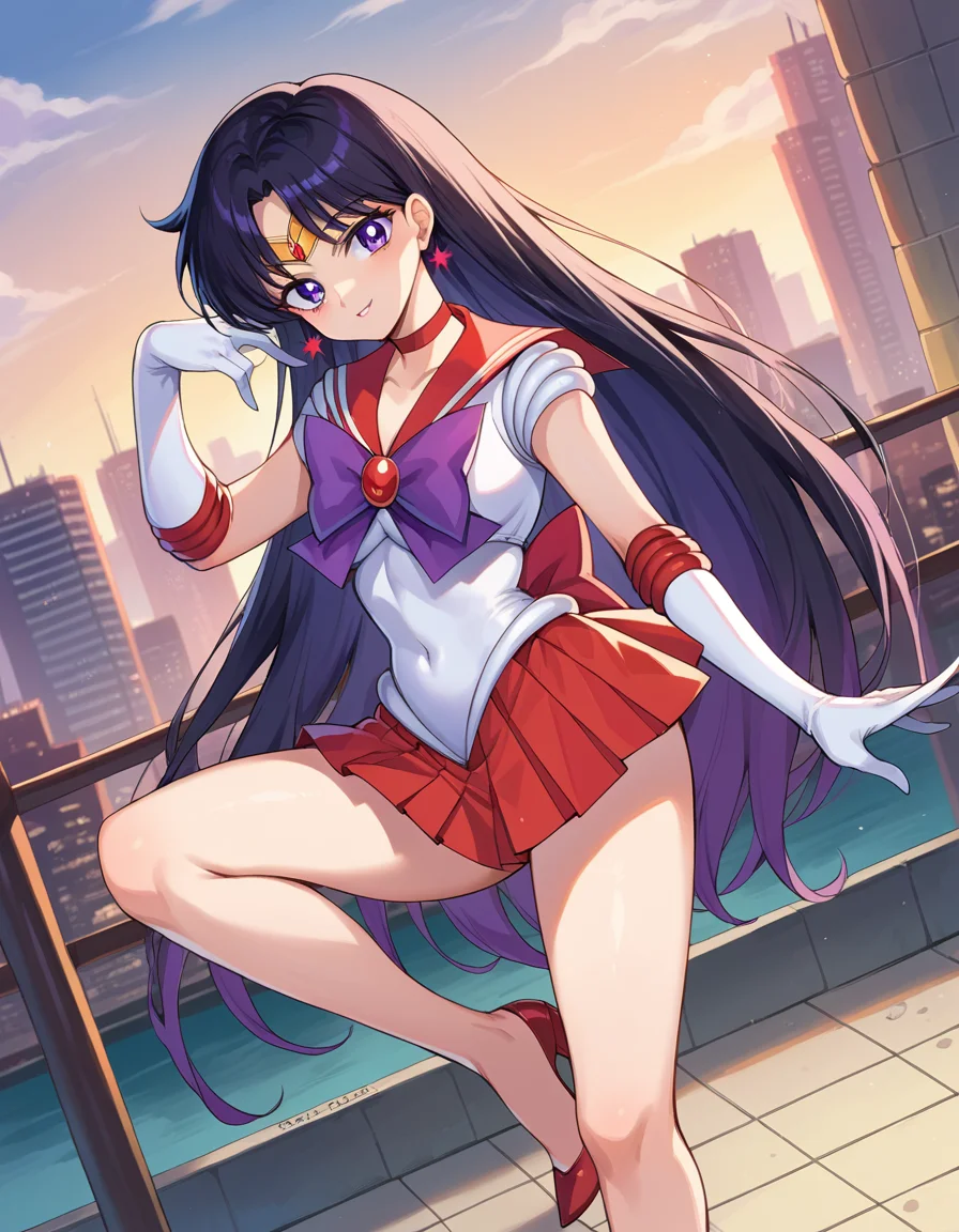 score_9, score_8_up, score_7_up, source_anime,
sailormars, <lora:sailor-mars-ponyxl-lora-nochekaiser:1>
sailor mars, black hair, diadem, long hair, purple eyes, parted bangs,
gloves, high heels, magical girl, microskirt, pleated skirt, red footwear, red skirt, sailor senshi uniform, shoes, skirt, white gloves, bow, purple bow, sailor collar, red sailor collar,
outdoors, cityscape,
looking at viewer, cowboy shot, dutch angle,