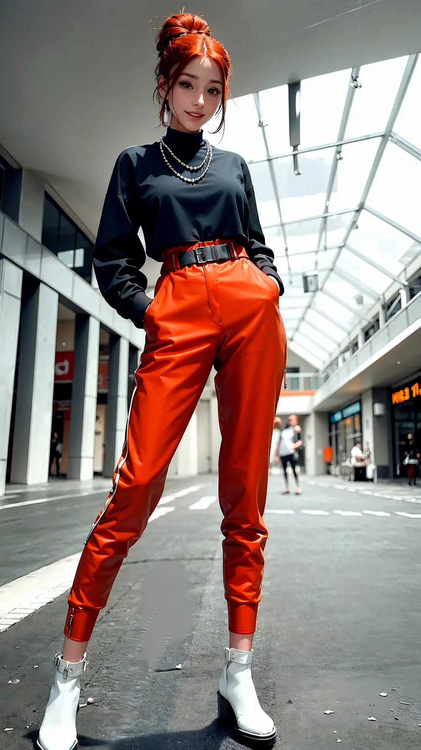 masterpiece, best quality, beautiful clean face, 1woman, wearing gray techwear jacket and orange trousers with buckle and tape, (crystal necklace), posing for a picture, (red braided bun), long legs, big happy warm smile, In the mall <lora:UrbanSamurai_fashion:0.8>