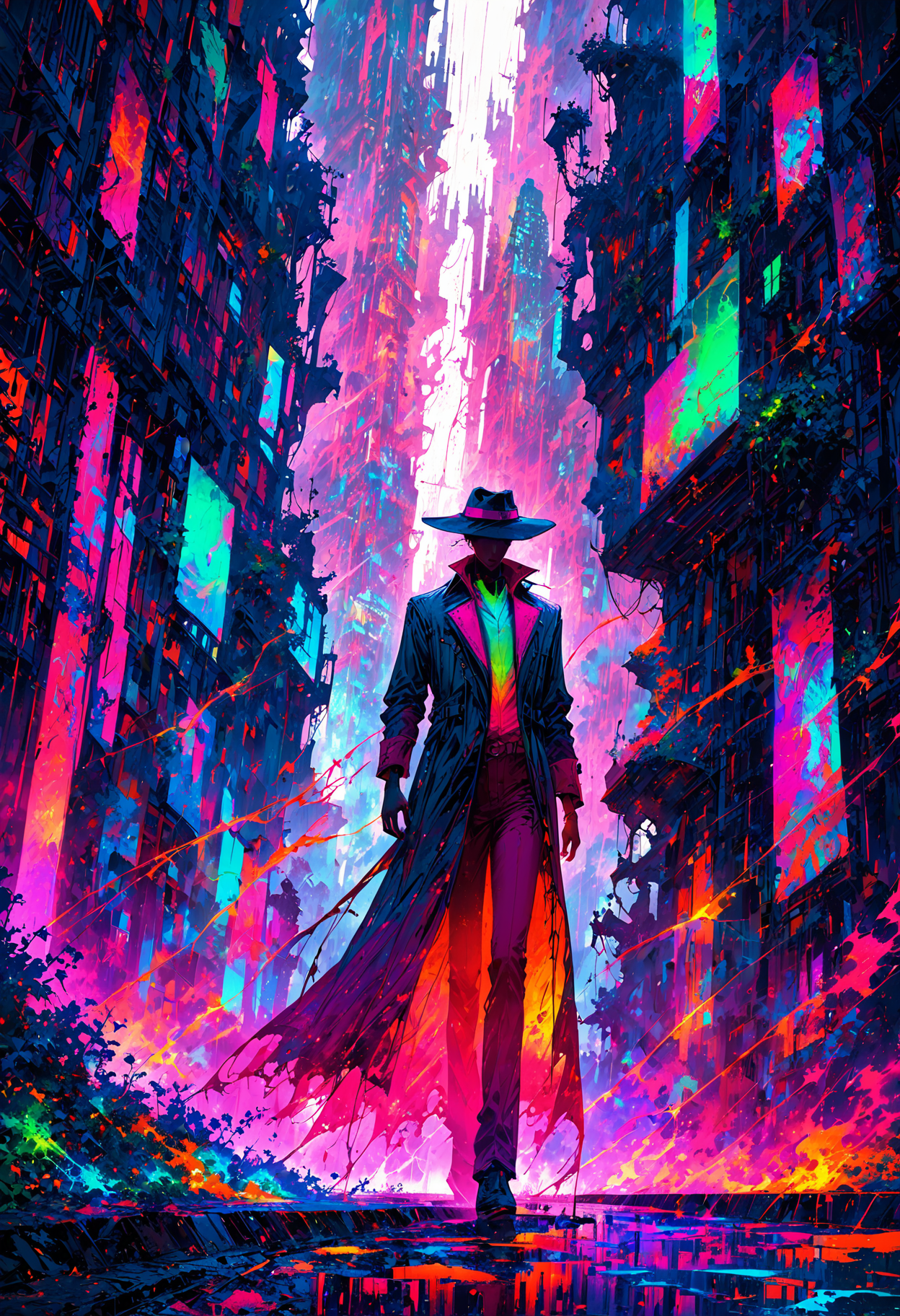 A mystical cityscape, rendered in vibrant, neon-drenched oils on a worn, distressed canvas, evoking the nostalgia of 80s retrofuturism. Towering skyscrapers, adorned with retro-tech finials, pierce the smog-choked sky, as tendrils of dark, ethereal energy writhe through the streets like living vines. Amidst the eerie, pulsing glow, a lone figure in a trench coat and fedora navigates the rain-soaked alleys, pursued by whispers of ancient, forbidden knowledge. The palette is a mesmerizing cocktail of hot pink, electric blue, and acid green, with flashes of fiery orange and deep, foreboding indigo.
OverallDetailXL <lora:MJ52:0.3>  <lora:EpicF4nta5yXL:0.7>