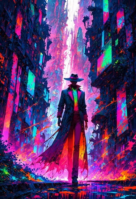 A mystical cityscape, rendered in vibrant, neon-drenched oils on a worn, distressed canvas, evoking the nostalgia of 80s retrofuturism. Towering skyscrapers, adorned with retro-tech finials, pierce the smog-choked sky, as tendrils of dark, ethereal energy writhe through the streets like living vines. Amidst the eerie, pulsing glow, a lone figure in a trench coat and fedora navigates the rain-soaked alleys, pursued by whispers of ancient, forbidden knowledge. The palette is a mesmerizing cocktail of hot pink, electric blue, and acid green, with flashes of fiery orange and deep, foreboding indigo.
OverallDetailXL <lora:MJ52:0.3> <lora:EpicF4nta5yXL:0.7>