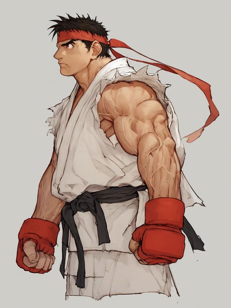 score_9, score_8_up, score_7_up, in kinu-sensei artstyle, solo, 1boy, ryu \(street fighter\), head band, male focus, clenched fists, fingerless gloves, no pupils, muscular, veins, cropped feet, white background, <lora:Kinu_Nishimura_Capcom_Style_LoRA_Pony-000010:0.8>, <lora:OldAnimeStyle_XL_v3:0.35>