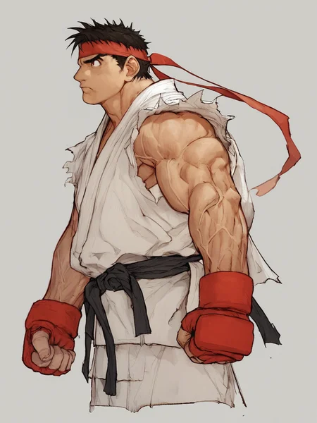 score_9, score_8_up, score_7_up, in kinu-sensei artstyle, solo, 1boy, ryu \(street fighter\), head band, male focus, clenched fists, fingerless gloves, no pupils, muscular, veins, cropped feet, white background, <lora:Kinu_Nishimura_Capcom_Style_LoRA_Pony-000010:0.8>, <lora:OldAnimeStyle_XL_v3:0.35>