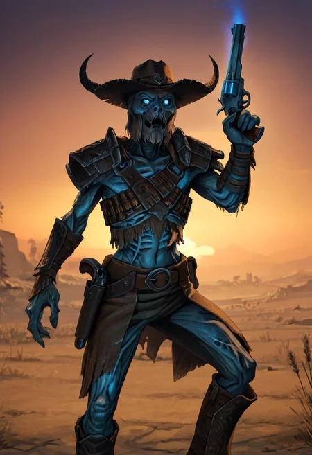 Dr4gr, skrm, masterpiece, best quality, absurdres, solo, 1boy, male Draugr from Skyrim, cowboy outfit, cowboy hat, cowboy boots, holster, ammo belt, shoulder armor, zombie skin, closeup, glowing blue eyes, dusty desert background, tumbleweeds, dramatic sunset, cinematic lighting, highly detailed, humorous, absurd, funny, fantasy art style, dynamic pose, holding a revolver