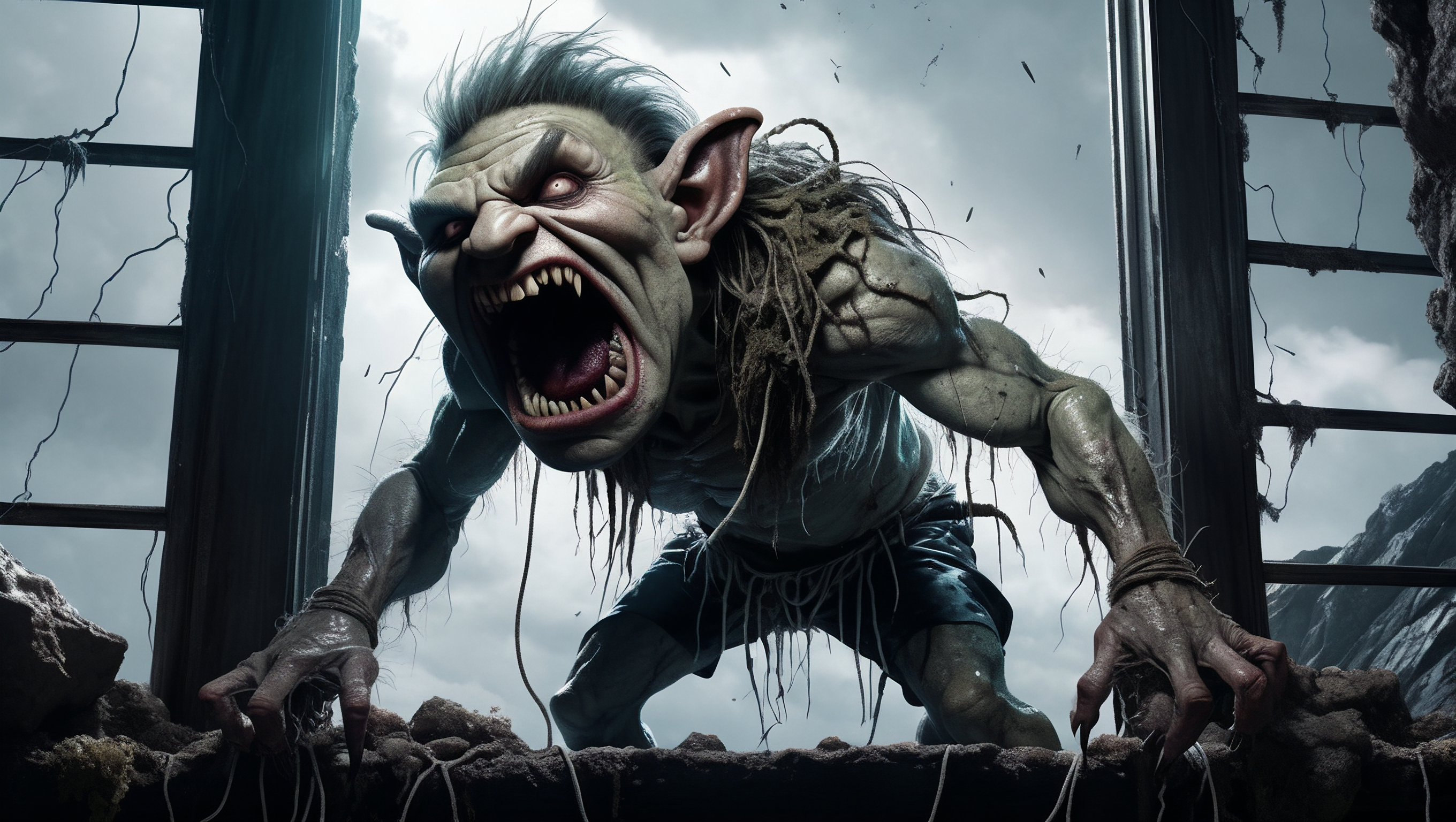 In the style of Monster,Troll,Moldy ragged suit crawling with maggots,Tying rope,Rocky cliffs,Uncontrollable terror,Aberrant,Lightning flashing through window,Fungus,Point-of-view shot,sharp,<lora:add_detail:0.4>,