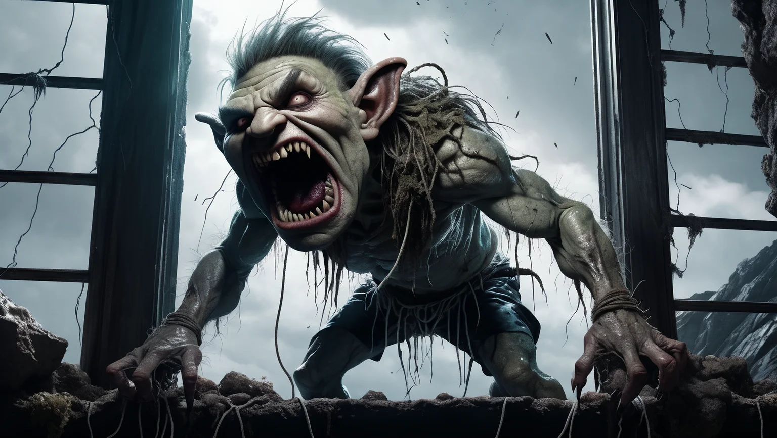 In the style of Monster,Troll,Moldy ragged suit crawling with maggots,Tying rope,Rocky cliffs,Uncontrollable terror,Aberrant,Lightning flashing through window,Fungus,Point-of-view shot,sharp,<lora:add_detail:0.4>,