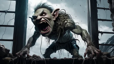 In the style of Monster,Troll,Moldy ragged suit crawling with maggots,Tying rope,Rocky cliffs,Uncontrollable terror,Aberrant,Lightning flashing through window,Fungus,Point-of-view shot,sharp,<lora:add_detail:0.4>,