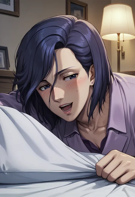 score_9, score_8_up, score_7_up, score_6_up, score_5_up, score_4_up, best quality, masterpiece, very aesthetic, anime, BREAK 1girl, fsa3ko, saeko_suit, solo, lying on bed, knee up, half closed eyes, blush, smile, open mouth, seductive , night, holding sheets, <lora:saekoV2-pony-000007:1>, <lora:add-detail-xl:1>