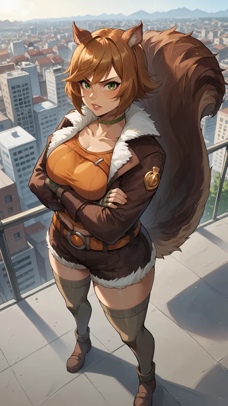 score_9,score_8_up,score_7_up,score_6_up, <lora:xl_more_art-full_v1:0.5>, source_anime, girl, dynamic pose, crossed arms, <lora:Squirrel Girl - Pony:0.8>, squirrel girl, short hair, brown hair, green eyes, animal ears, squirrel ears, squirrel tail, freckles, green choker, brown jacket, open jacket, cropped jacket, brown fur trim, orange top, midriff, orange belt, brown short, beige gloves, fingerless gloves, beige thighhighs, curvy, rooftop, horizon, from above, depth of field, city,