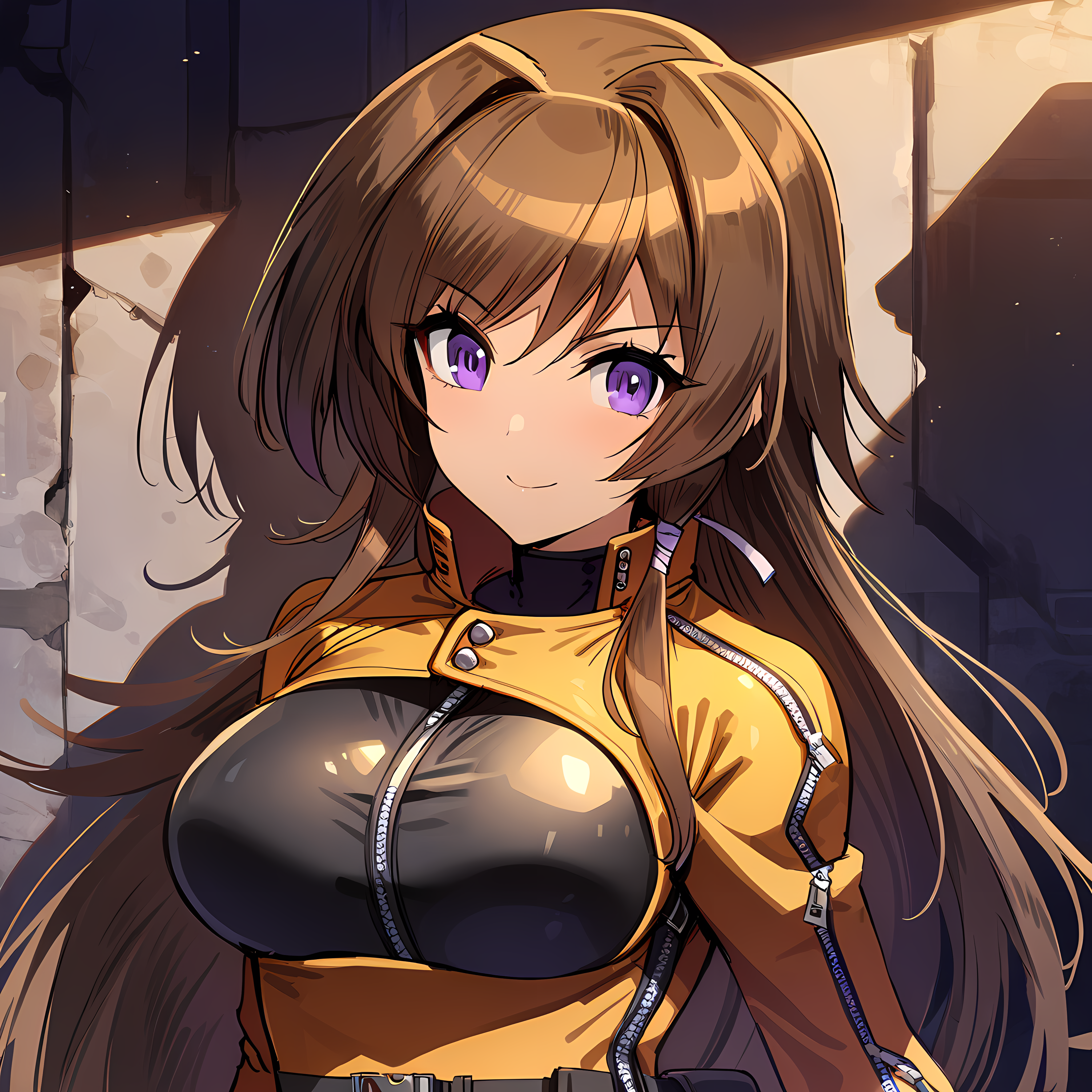 (masterpiece),(best quality),(ultra-detailed),(best illustration),(best shadow),(absurdres),(detailed background),(very aesthetic), takamura yui, 1girl, solo, long hair, brown hair, breasts, purple eyes, large breasts, bodysuit, smile, looking at viewer, originaloutfit,  <lora:Takamura_Yuiç¯_å¯ä¾_-_Muv_Luv_Dimensionsããã©ã´ãã£ã¡ã³ã·ã§ã³ãº_SDXL_Animagine_XL_3.1:1>
