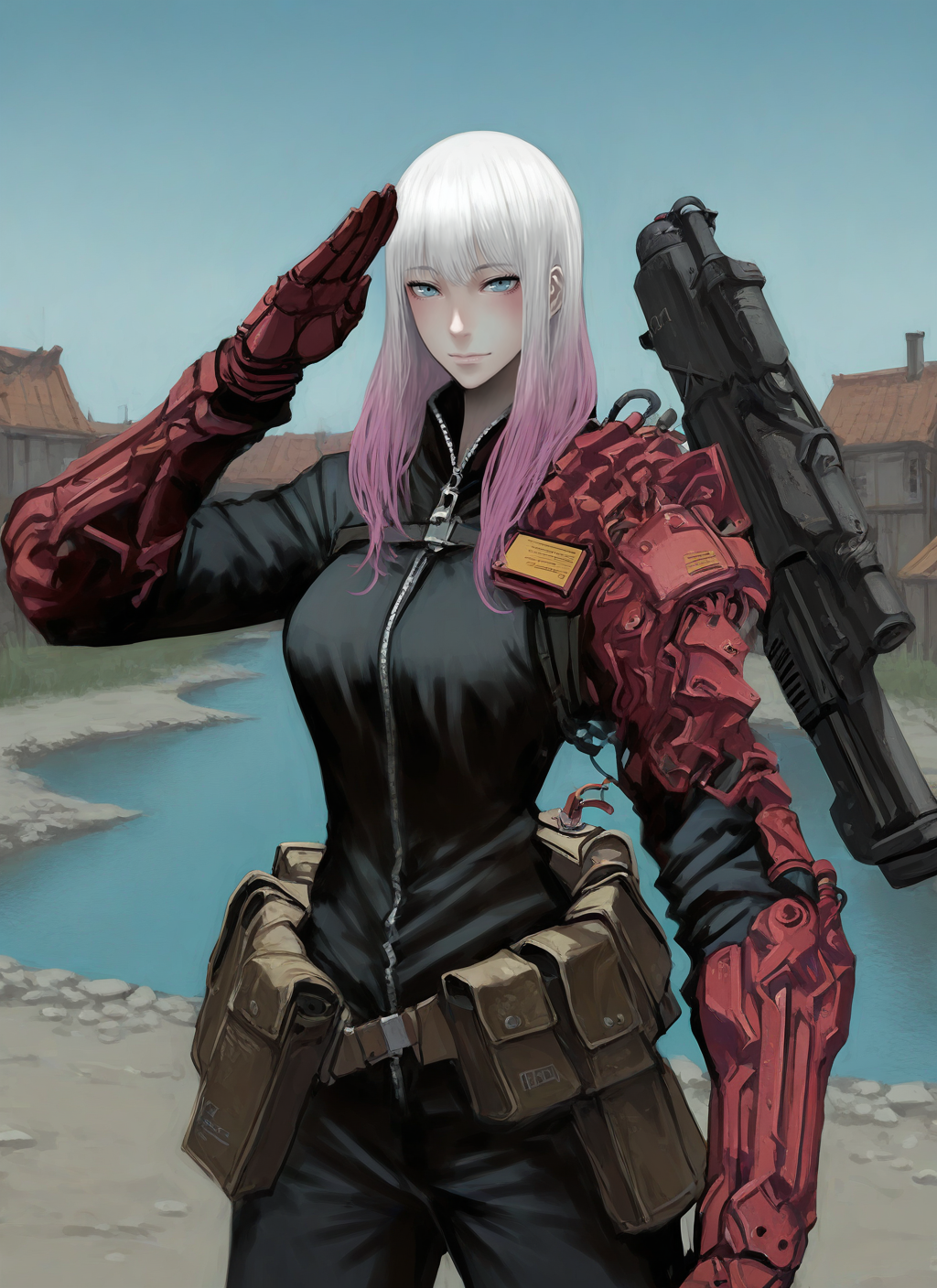 artist:, masterpiece, best quality, newest, very awa, absurdres, highres, jtts, 1girl, cyborg, wires, armor, cybernetic hand, weapon, Short Spiky  with Tapered Sides hair, multicolored colored hair, pink hair, white hair, clothed, closeup, vulcan_salute, daytime, blue sky, village, river, detailed, <lora:SDXL\Illustrous\Jittsu_style:1.0>