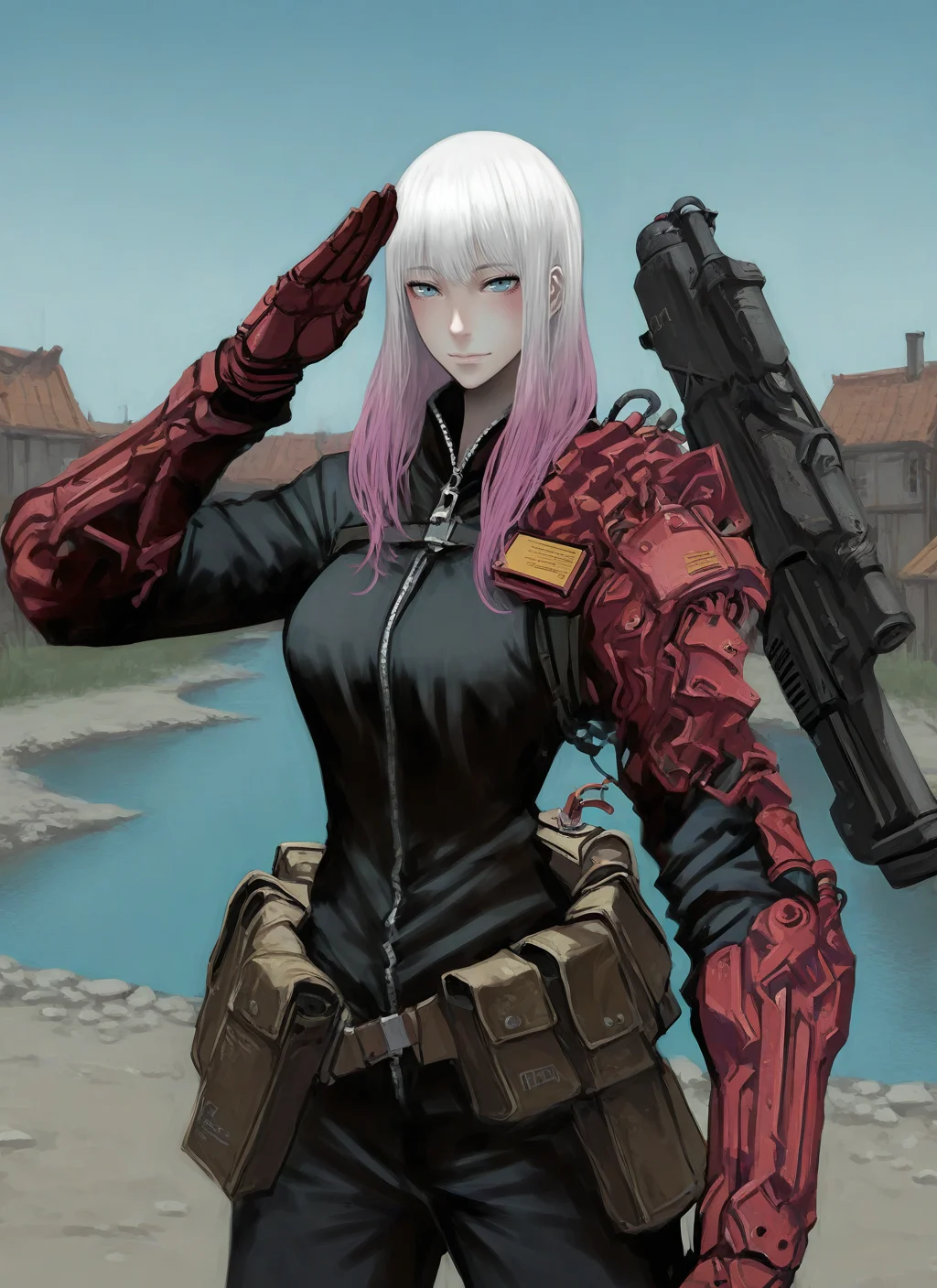 artist:, masterpiece, best quality, newest, very awa, absurdres, highres, jtts, 1girl, cyborg, wires, armor, cybernetic hand, weapon, Short Spiky with Tapered Sides hair, multicolored colored hair, pink hair, white hair, clothed, closeup, vulcan_salute, daytime, blue sky, village, river, detailed, <lora:SDXL\Illustrous\Jittsu_style:1.0>