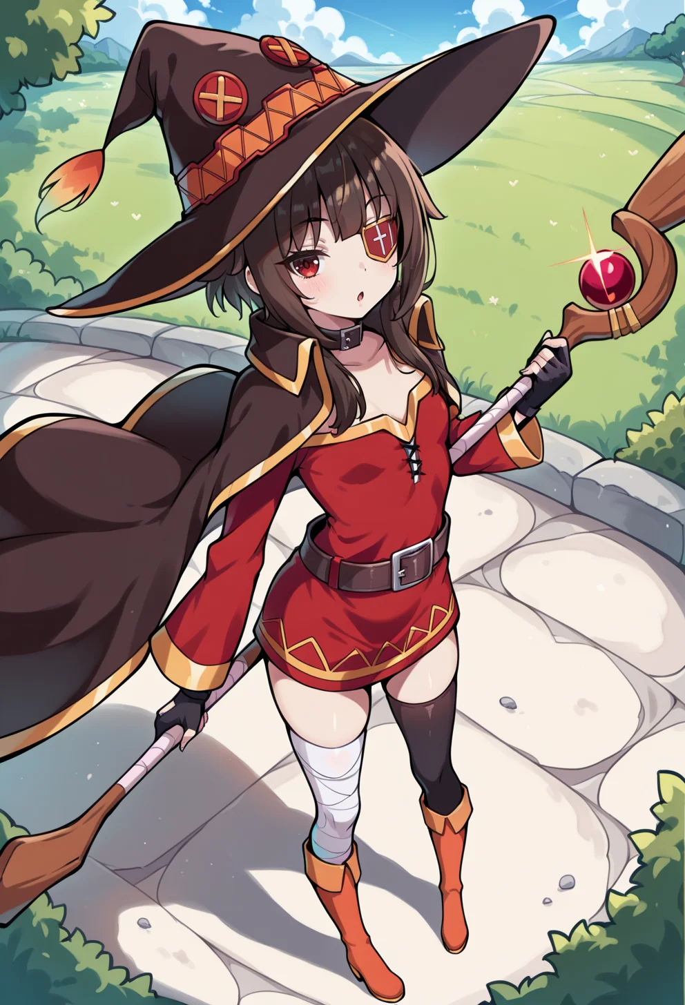 masterpiece, best quality, high quality, anime, <lora:AEMeguminIlx:1>AEMegumindef, red eyes, Brown hair, Belt choker, red dress, off-shoulder dress, Black gloves, fingerless gloves, Belt, mismatched legwear, asymmetrical legwear, bandaged leg, black thighhighs, knee boots, hat, eyepatch, Black cape,
:o, full body, holding staff, outdoors,