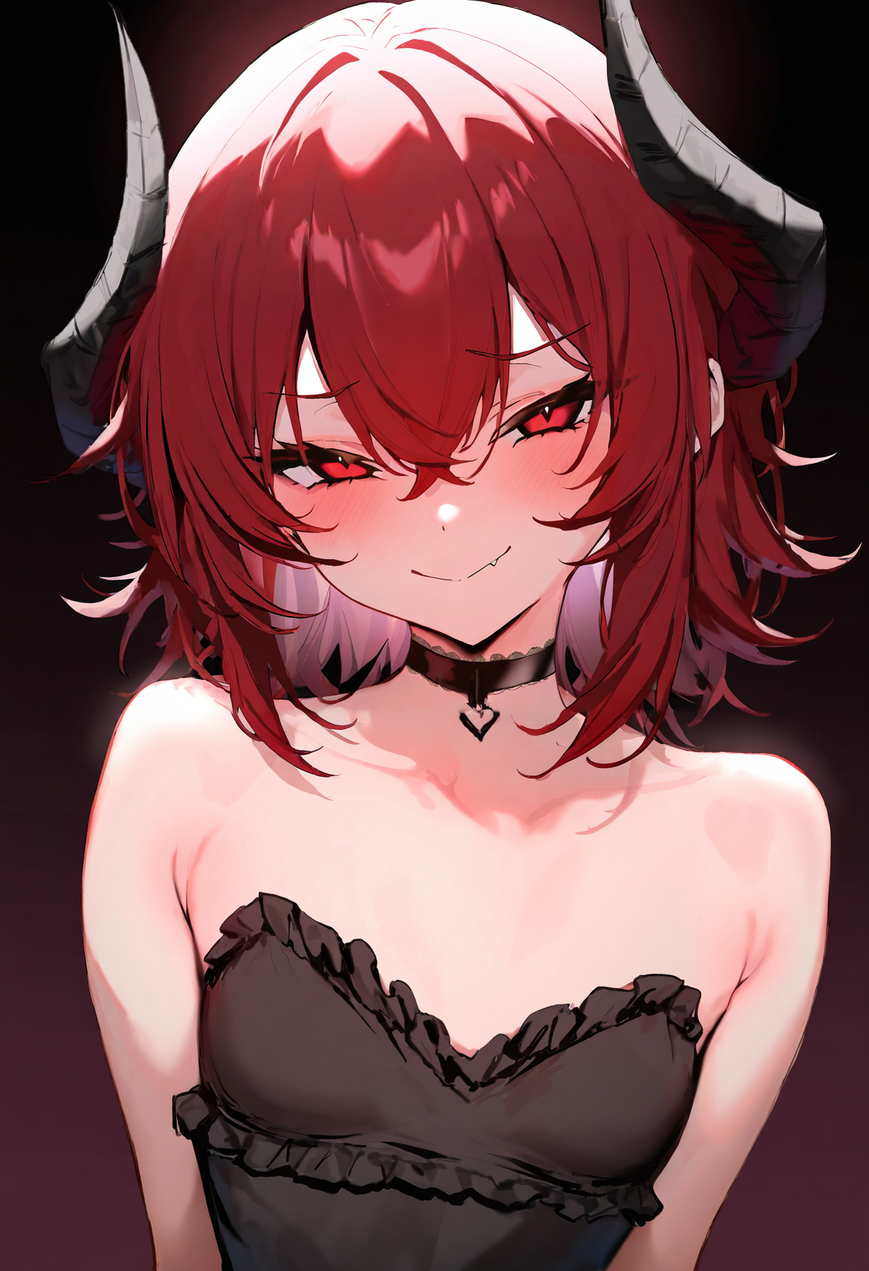 1girl,solo,demon girl,<lora:ulrich style locon V pred Ver-Test:1>,ulr1ch style,small breasts,demon horns,choker,black frilled dress,red hair,red eyes,medium hair,bare shoulders,naughty face,closed mouth,fang,looking at viewer,masterpiece,best quality,newest,highres,very awaTop,upper body,