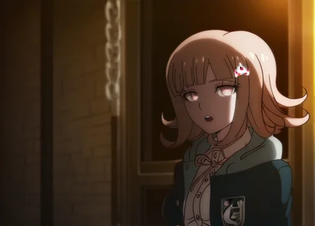(((solo))), masterpiece, best quality, <lora:Chiaki_Nanami_Illustrious:1>, In the art style of Rui Komatsuzaki, artist: Rui Komatsuzaki, This anime screencap is from Danganronpa the Animation. Chiaki Nanami is wearing her uniform from Danganronpa 2. Chiaki's hair slightly curls outwards, though the locks on either side of her face curl inwards. Chiaki Nanami's hair is a dusty light pink that is almost light brown. She has short straight bangs split towards the right, a white Galaga hairclip pinned to a lock of her hair. She has blossom pink eyes. She wears a white button-up shirt with a dark teal-gray front placket. She wears a light pink ribbon tied around her neck in a bow, with a pale beige pleated skirt. This also includes a one-button dark teal-gray hooded cardigan with gray horizontal lines running across the hem and sleeves, the Hope's Peak crest on the chest pocket. She also sports black thigh-high socks and light pink Mary-Jane style shoes with white soles. Chiaki Nanami has a fearful expression . Chiaki Nanami is within The Day undressed â Herself â Garter of gold The Day undressed â Herself â Her Garter â was of Gold â Her Petticoat of Purple â plain â Her Dimities as old Exactly â as the World And yet the newest Star Enrolled upon the Hemisphere Be wrinkled â much as Her â Too near to God â to pray â Too near to Heaven â to fear â The Lady of the Occident Retired without a Care â Her Candle so expire The flickering be seen On Ball of Mast â in Bosporus â And Dome â and Window Pane. .