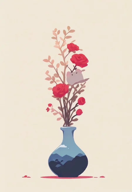 simple background, beige background, jumping gray cat, vase in the back, rose,
BREAK
masterpiece, best quality, good quality, very awa, very aesthetic, absurdres, newest, (Perfect details),(****), haiz_ai, no lineart,no outline,