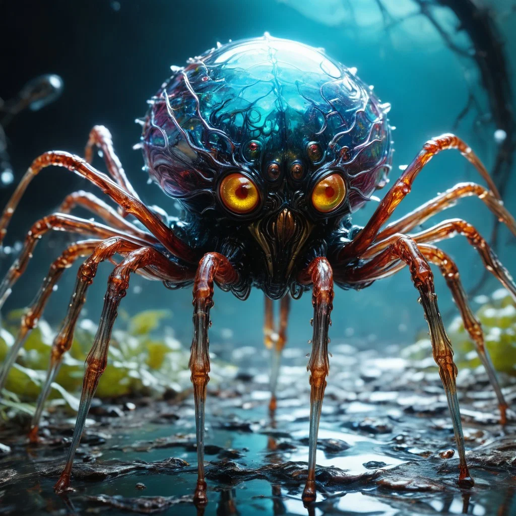 bioengineered glass spider monster, many legs, spindly legs, lots of eyes, (transparency:1.4), (detailed cybernetic implants fused with organic matter), visible organs, visible brain, full body, hundreds of tiny eyes, (with intensely vibrant swirling colors:1.3), realistic photo, artialien, looking at viewer
