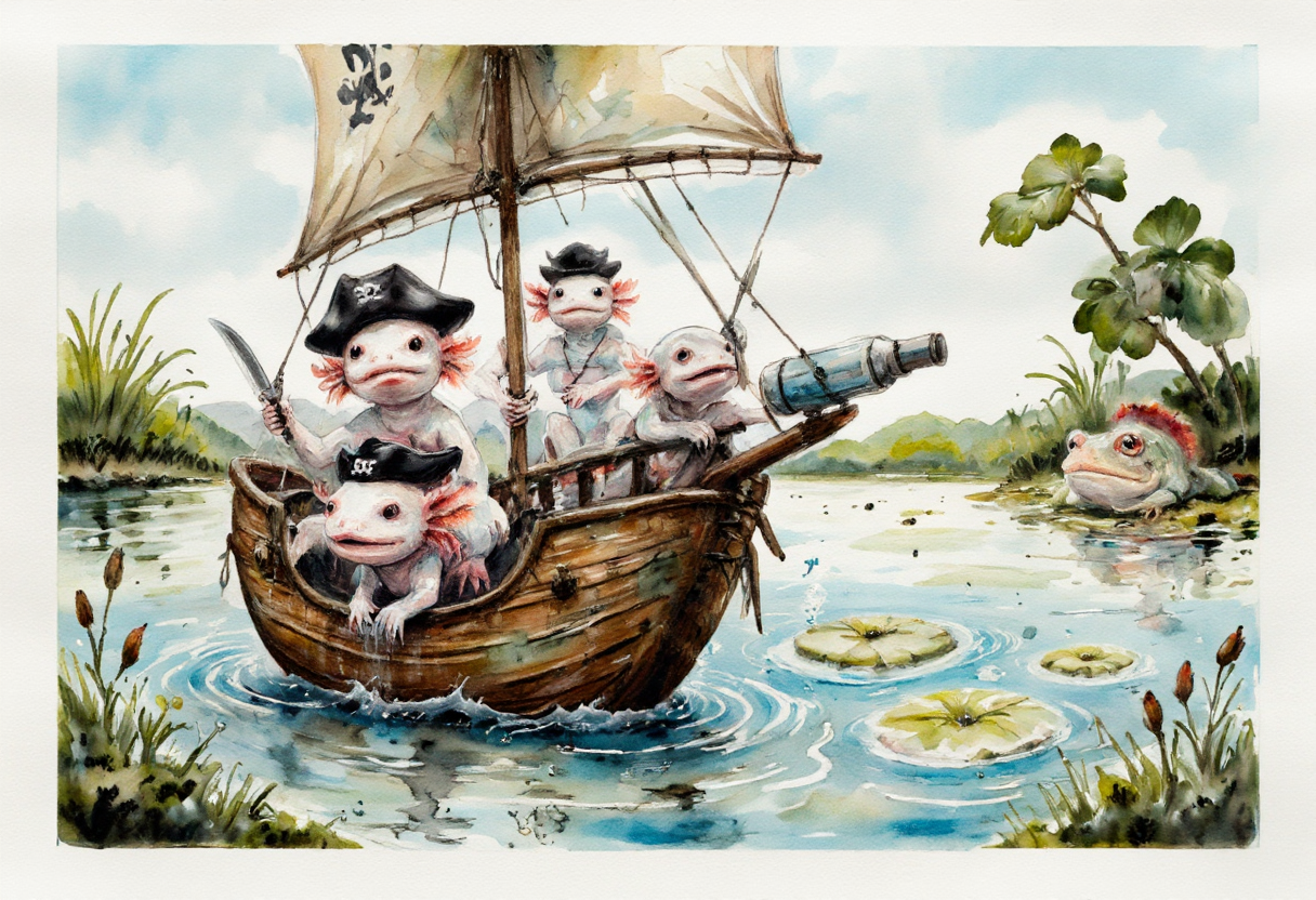 Watercolor painting of, axolotls on a pirate ship made of leaves and twigs, navigating stormy waters in a pond. They wear tiny pirate hats and wield toothpick swords. One axolotl, the captain, stands proudly at the helm made from a bottle cap, while another peers through a bottle cap telescope, trying to spot land. The ship rocks precariously as ripples threaten to capsize it, and a third axolotl clings to the mast, adjusting a leaf sail that flaps wildly in the wind. In the distance, a giant frog sits on a lily pad, watching their adventure curiously., the axolotls have pink frilly gills and round black eyes