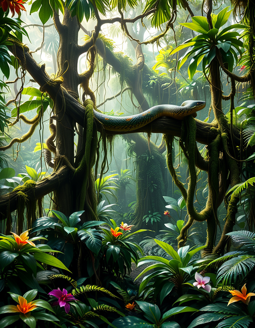 A dense and vibrant jungle,jungl3, captured in a realistic photographic style, with lush green foliage of various tropical plants, tall trees covered in moss and vines, and sunlight filtering softly through the canopy above. The atmosphere feels humid and alive, with small details such as ferns, orchids, and a scattering of tropical flowers in shades of red, yellow, and purple. A narrow, winding dirt path cuts through the undergrowth, partially hidden by fallen leaves and roots. The scene feels immersive and serene, with subtle mist lingering in the distance, enhancing the sense of depth and mystery. The overall lighting is natural, with dappled sunlight creating dynamic shadows on the ground and the surrounding plants.
<lora:jungl3:1><lora:SDXLFaeTastic2400:0.4> <lora:extremely_detailed:0.4> extremely detailed, Masterpiece,best quality,hi res,8k,hi res,8k,award winning,(sharp focus, intricate, highly detailed),