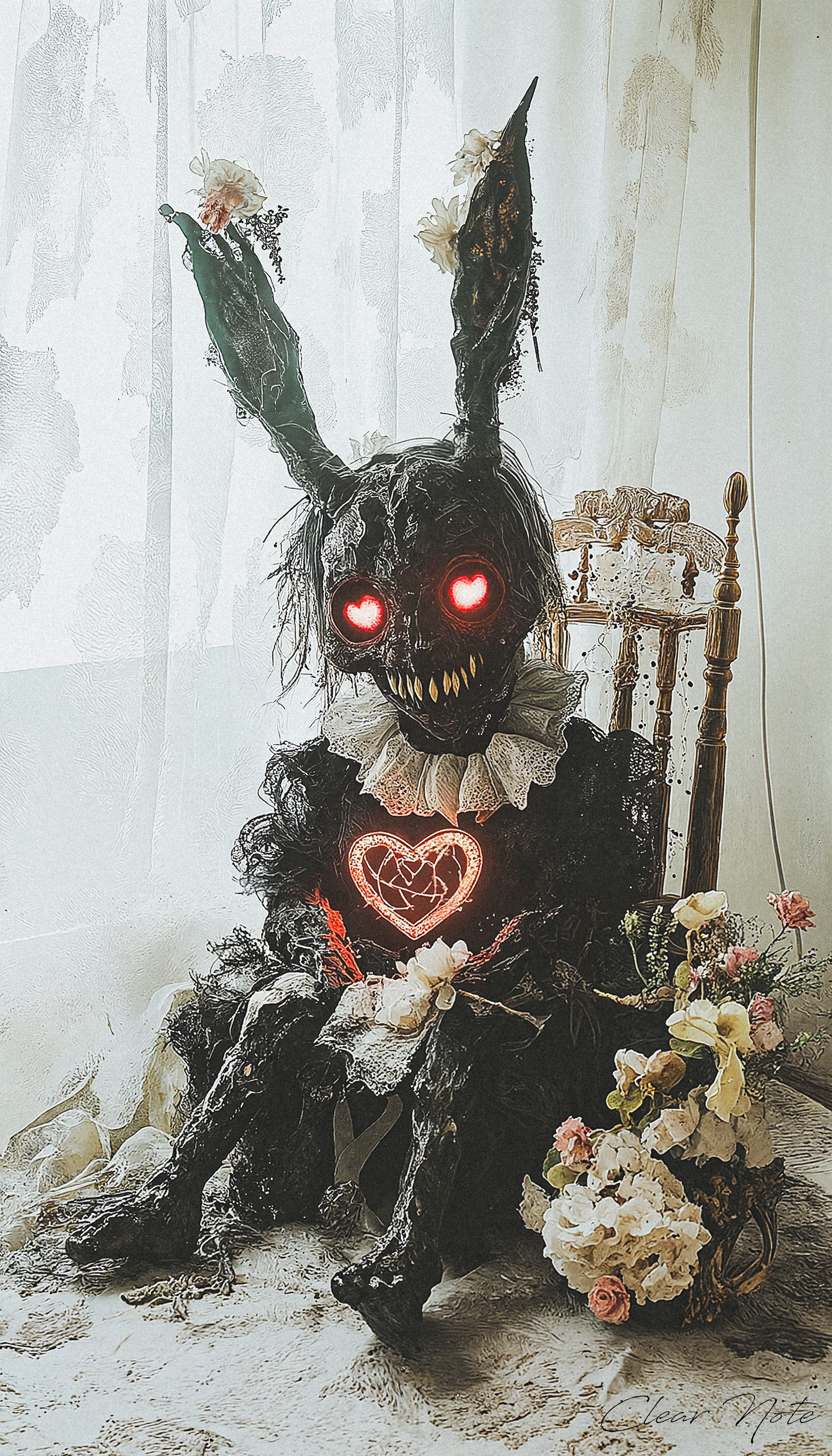 By the sunlit window, a shadow grew,
A demon’s form in daylight’s view.
A heart-shaped mark burned bright on its chest,
Evil adorned in daylight's jest.

Its sharp teeth glistened, a jagged grin,
Red eyes glowing with fire within.
Long rabbit ears rose, twitching high,
As it watched the calm of the daytime sky.

Darkness lingered, though the world was bright,
A wicked omen in the morning light.