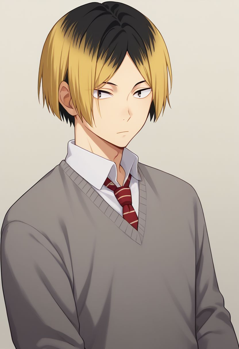score_9, score_8_up, score_7_up, source_anime, highly detailed, 
kenma, 1boy, male focus, solo, blonde hair, multicolored hair, two-tone hair, black hair, school uniform, shirt, white shirt, sweater, grey sweater, necktie, red and black necktie, striped necktie, skinny,
indoor,