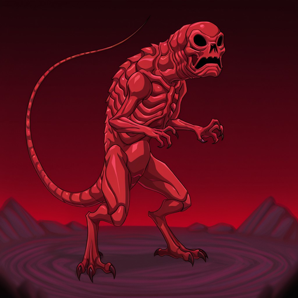 masterpiece, high quality, absurdres, 
CreepyRed, tail, creepyred4, standing, 1boy, claws, ribs, skeleton, alien, full body, four arms, 3-clawed hands, bird talon, red skin, solo, hollow eyes, monster, no humans, no humans,